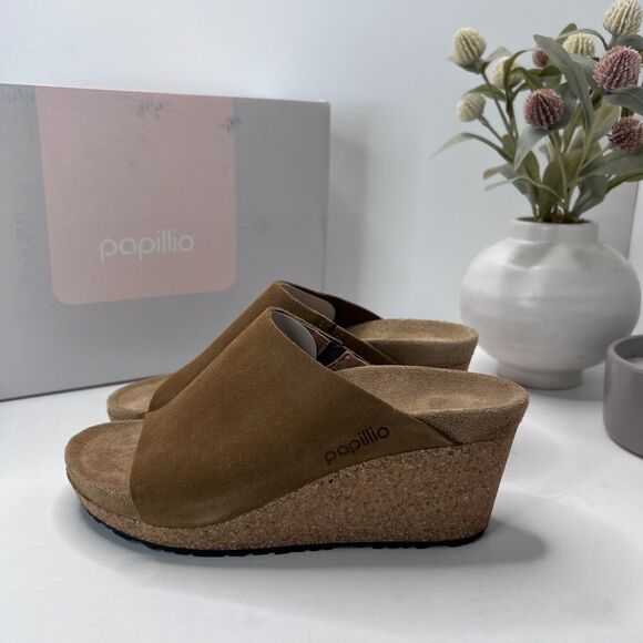 Papillio Birkenstock Namica Suede Leather Wedge Sandel Tea Narrow Women 5 NWB - Picture 1 of 11